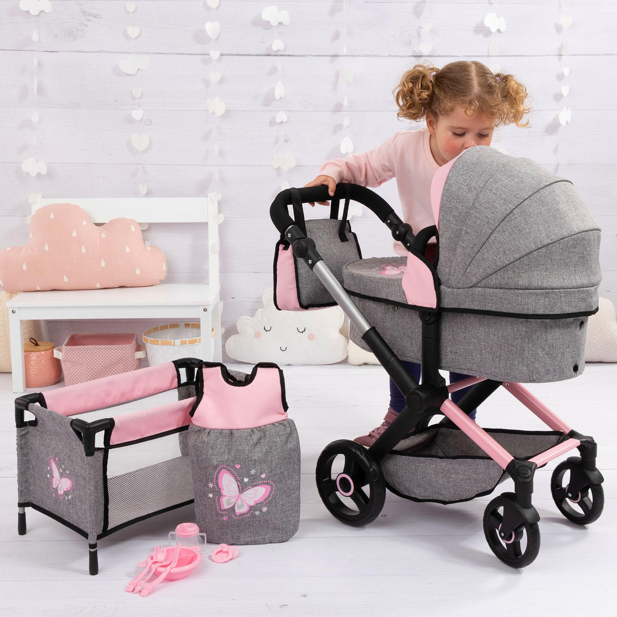 Bayer Design 17033AD Cochecito de muñeca XEO, Convertible, Regulable en Altura, Cuna de Viaje, Bolsa, Saco de Dormir, Accesorios