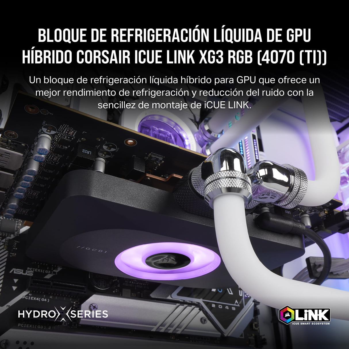 CORSAIR iCUE Link XG3 RGB Hybrid Bloque de Refrigeración Liquida para GPU - Refrigeración Personalizada Híbrida - Se Adapta a 4070, 4070 Ti - Negro