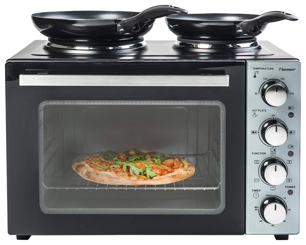 Bestron Pequeña Cocina, Mini Horno con Doble Placa de Cocción, Calor Superior/Inferior con Función de Aire Circulante hasta 230°C, 3200 Vatios, Negro