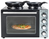 Bestron Pequeña Cocina, Mini Horno con Doble Placa de Cocción, Calor Superior/Inferior con Función de Aire Circulante hasta 230°C, 3200 Vatios, Negro