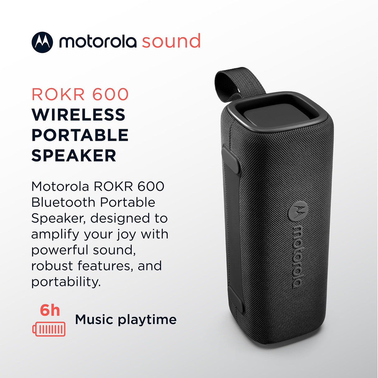 Motorola Sound - Altavoz Inalámbrico Bluetooth ROKR 600 - Potente Sonido de 30W, Resistente al Agua y Polvo, Función Broadcast para Conectar 20+ Altavoces, 6 Horas de Reproducción, Negro
