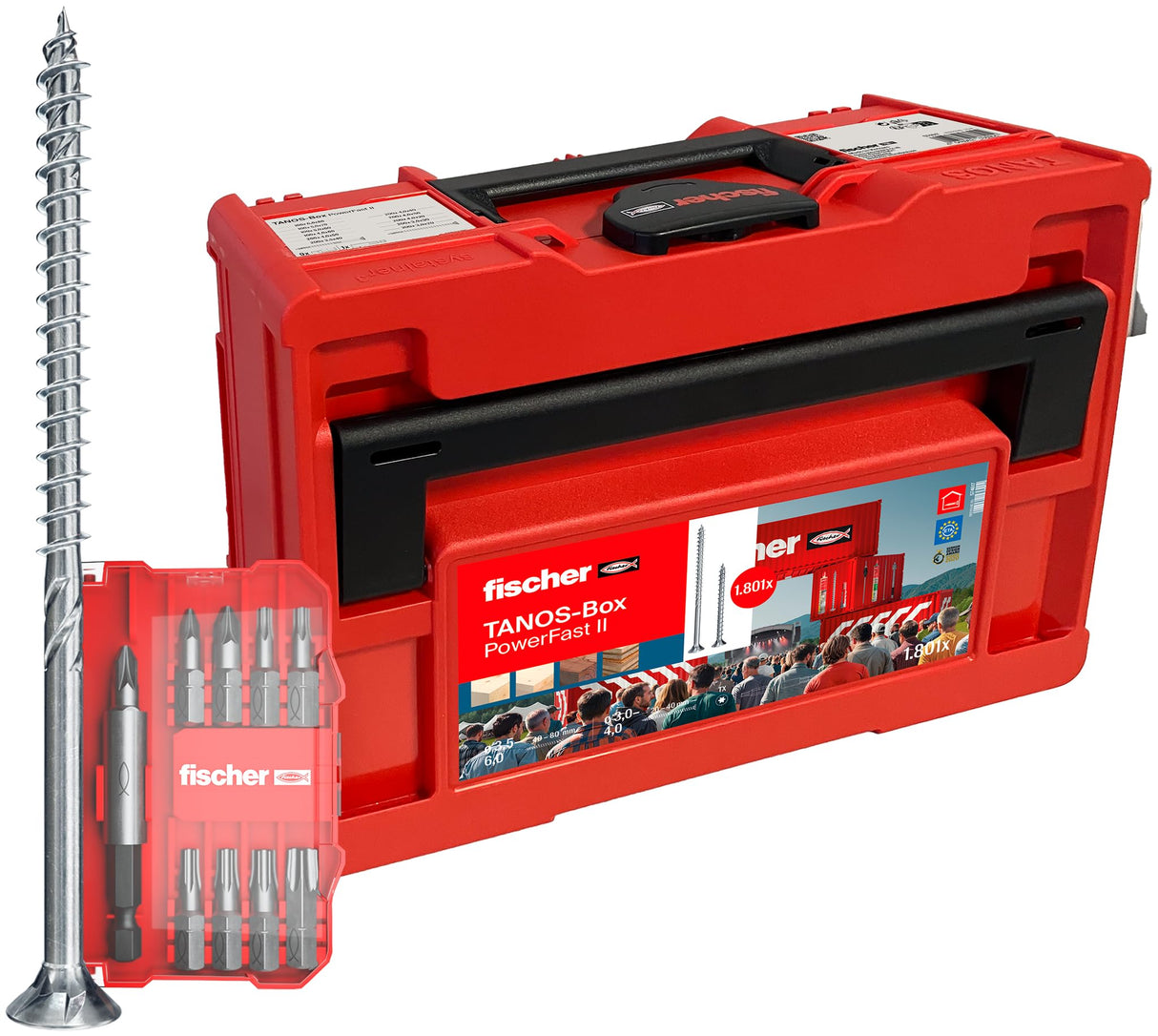 fischer Tanos-Box PowerFast II - Juego de tornillos para aglomerado (cabeza avellanada, estrella interior TX, rosca completa y parcial, para un procesamiento rápido y flexible, incluye juego ProfiBit)