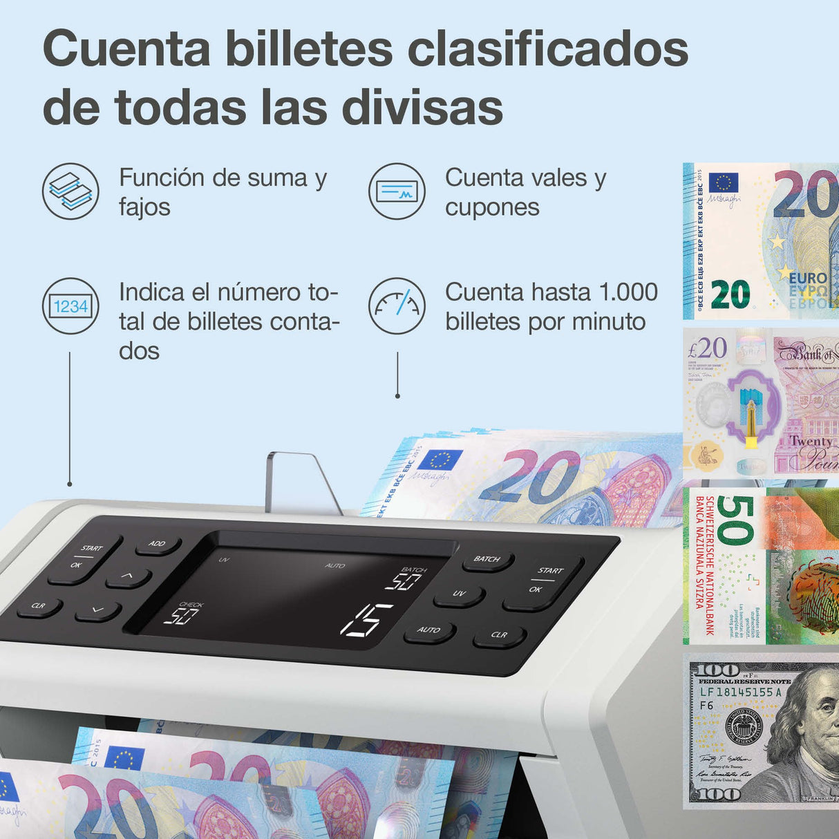 Safescan 2210 Contadora de Billetes para Billetes Clasificados, Contadora detectora de Billetes Falsos en 2 Puntos, Máquina para Contar Billetes Clasificados de Todas Las divisas