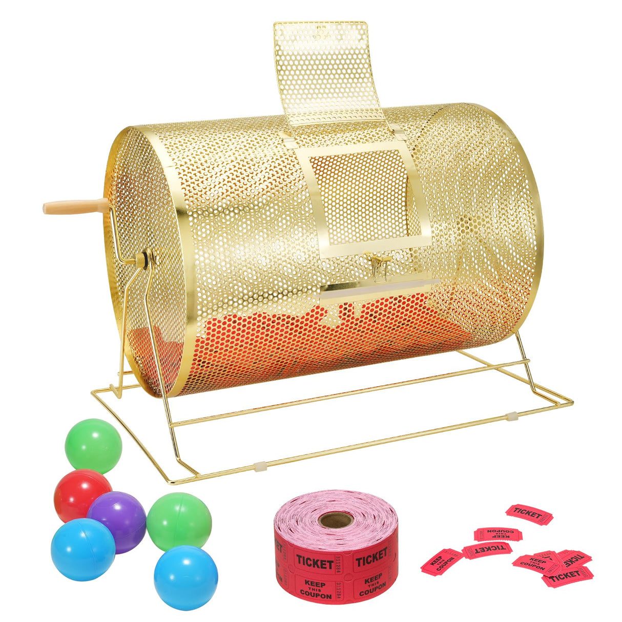 VEVOR Tambor de Tómbola de Lotería Capacidad de 10.000 Boletos o 300 Pelotas de Ping-Pong Jaula de Juego de Bingo de Metal Chapado en Latón Mango Giratorio de Madera 376x540 mm para Evento de Votación
