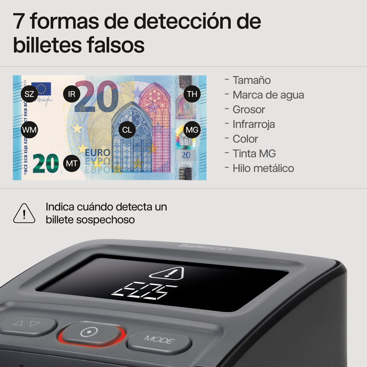 Safescan Detector de billetes falsos automático y portátil 155-SX para verificar rápidamente los billetes-Detector de billetes falsos con 7 puntos de detección -Detector de billetes falsos 100% fiable