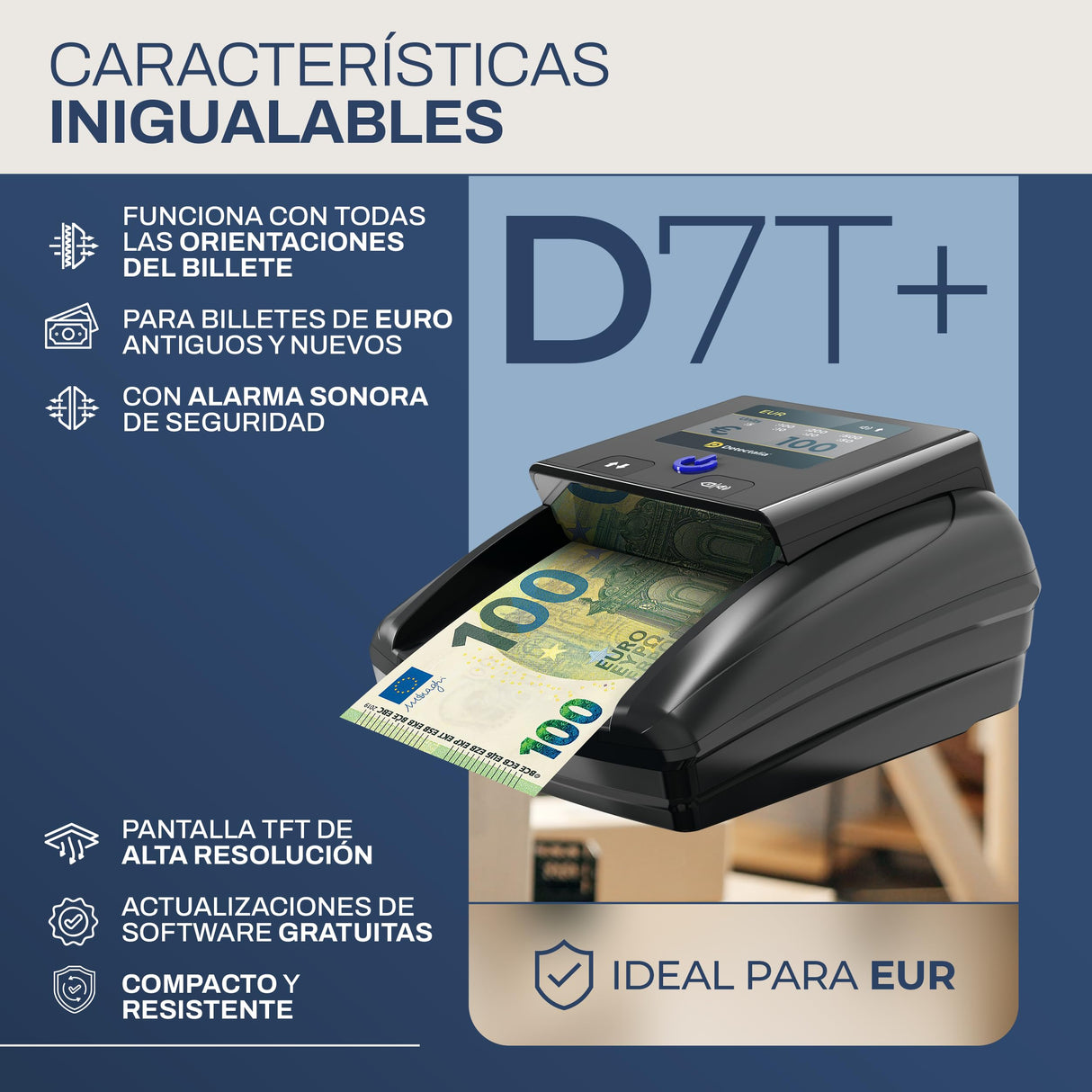 Detectalia D7T+ Detector de Billetes Falsos con 100% detección para 3 divisas EUR, GBP, USD con 5 Sistemas de deteccion y Pantalla TFT