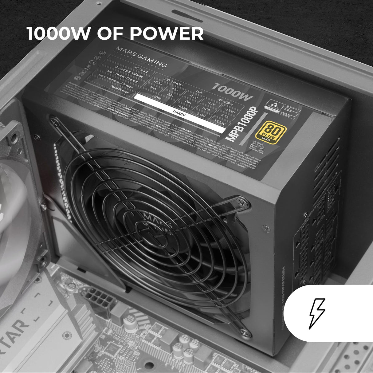 Mars Gaming MPB1000P, Fuente Alimentación Modular ATX 3.0 1000W, 10 Años Seguridad, 80Plus Gold, Ventilador 14cm AI-RPM, Condensadores Japoneses, Soporte PCIe 5.0 y APFC, Tecnología DC-DC y SMD, Negro