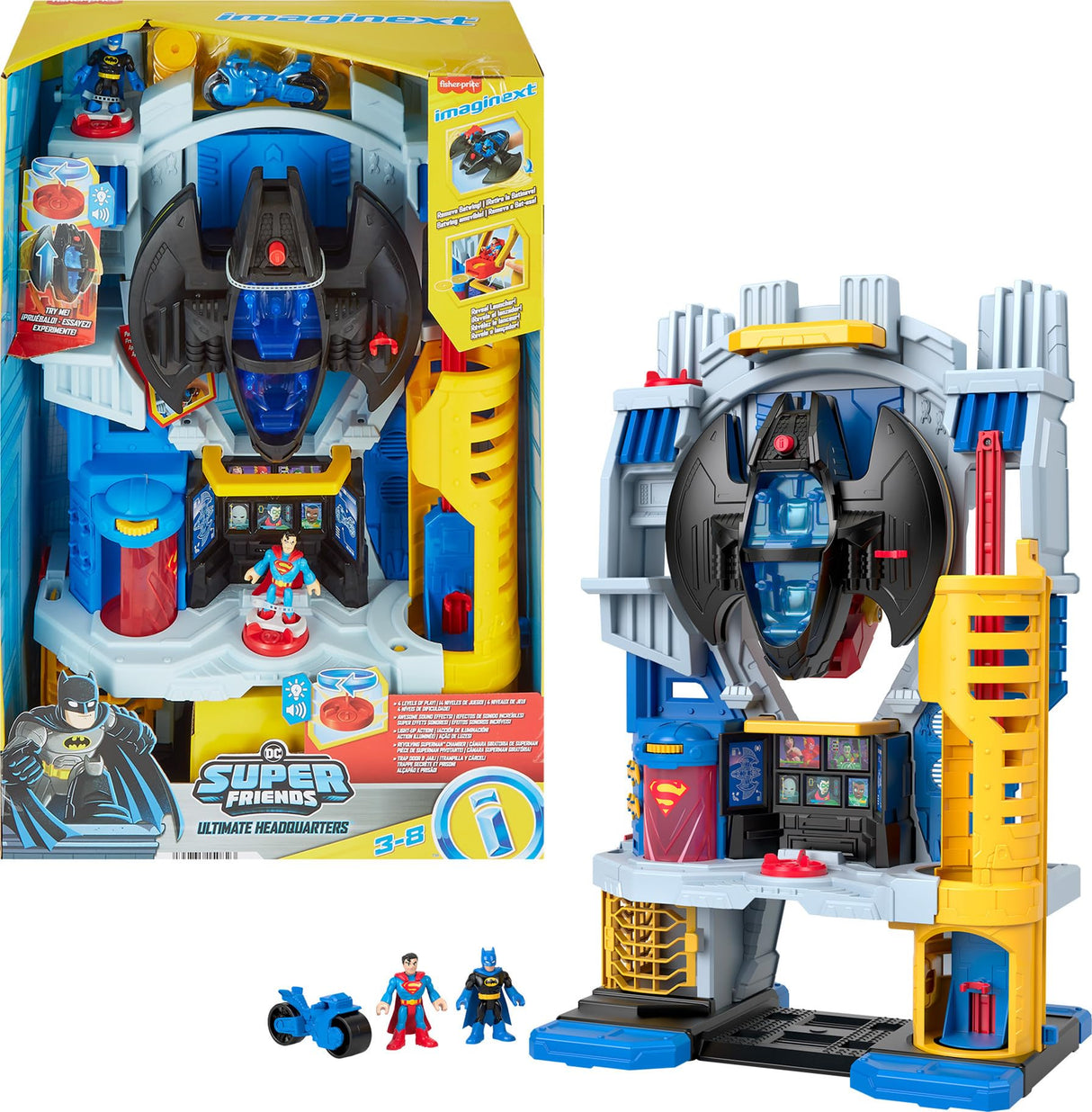 Fisher-Price Imaginext DC Super Friends Cuartel definitivo Set de Juego con Figuras Batman y Superman y Accesorios, Juguete +3 años (Mattel HNW08)
