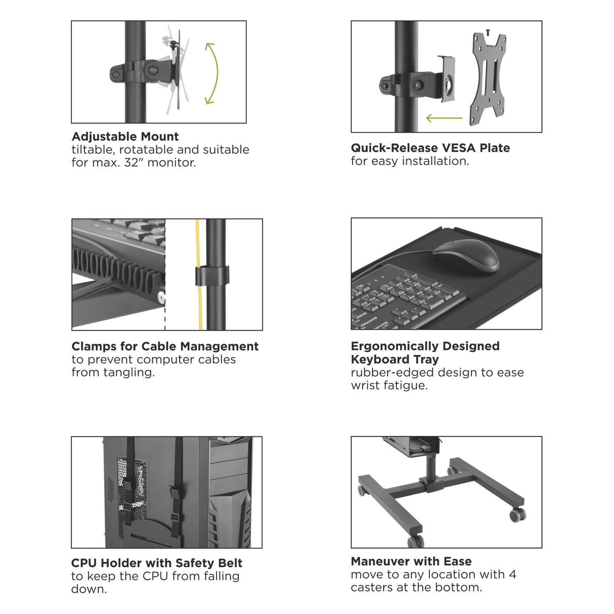 Maclean MC-793 Carro Soporte para Monitor, Teclado y Ordenador | Altura Ajustable | 17"-32" hasta 20 kg VESA 75x75, 100x100 | Construcción Robusta de Metal con Ruedas