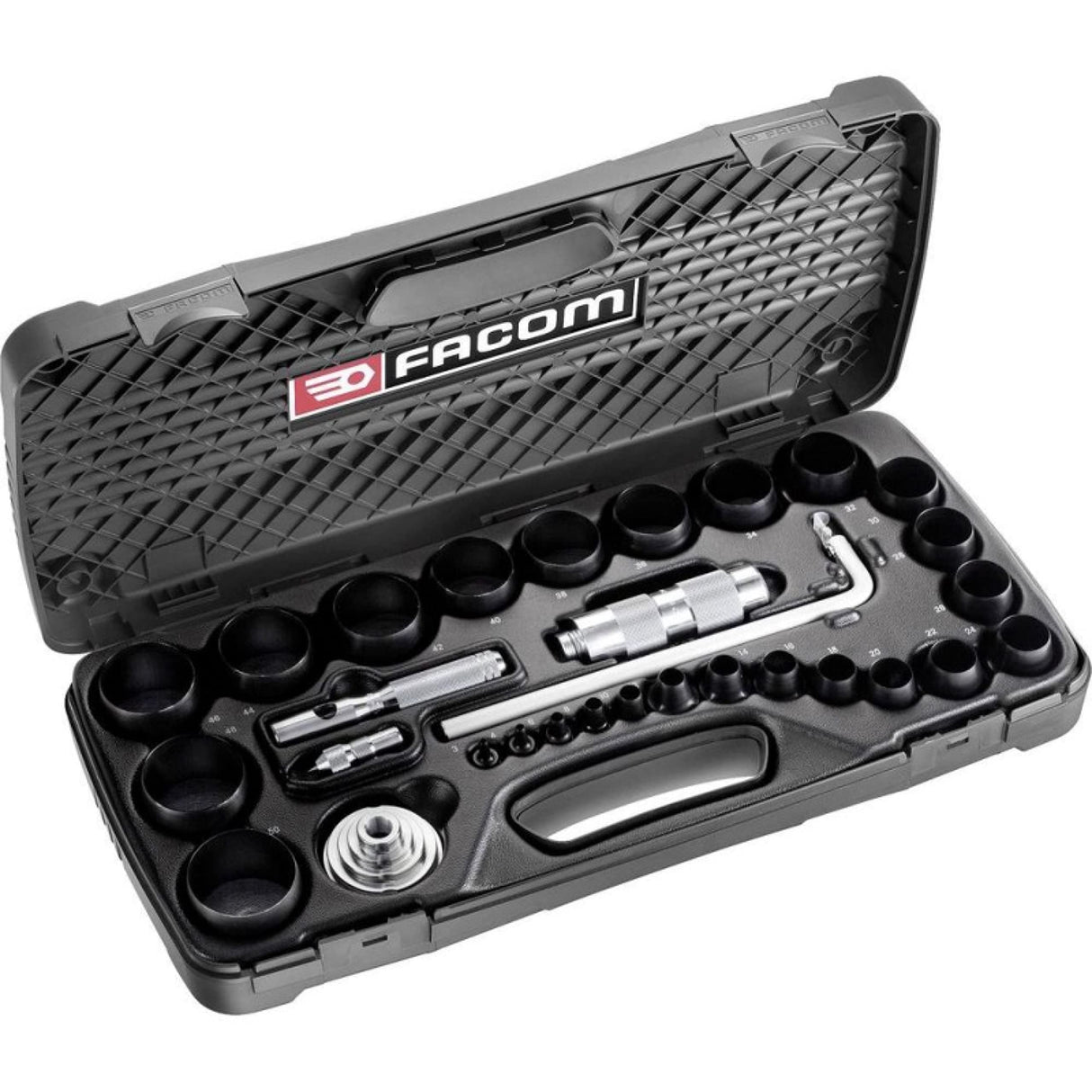 FACOM Juego de troqueladoras para juntas de 26 piezas, Fabricación de juntas circulares, composición para cortar juntas de hasta 50 mm, troqueladora y brújula, varias dimensiones, 245.J2A