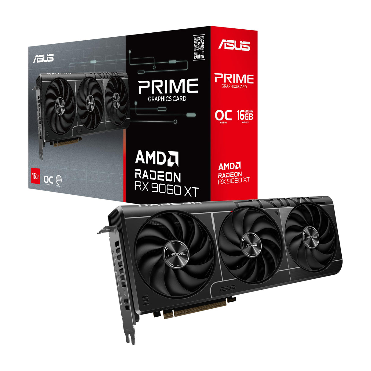 ASUS Prime Radeon RX 9060 XT 16 GB GDDR6 OC Edition, Tarjeta gráfica, PCIe 5.0, HDMI/DP 2.1, diseño de 2.5 Ranuras, Ventiladores Axial-Tech, rodamientos de Doble Bola, Doble BIOS, GPU Guard