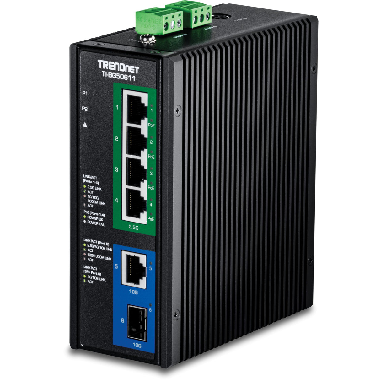 TRENDnet, TI-BG50611, Switch DIN-Rail Industrial PoE++ de 2,5 G y 6 Puertos con Puertos 10 G, Multi-Gigabit, 4 Puertos PoE++ de 2,5 G, 1 Puerto RJ-45 10 G, 1 Puerto SFP+ 10 G