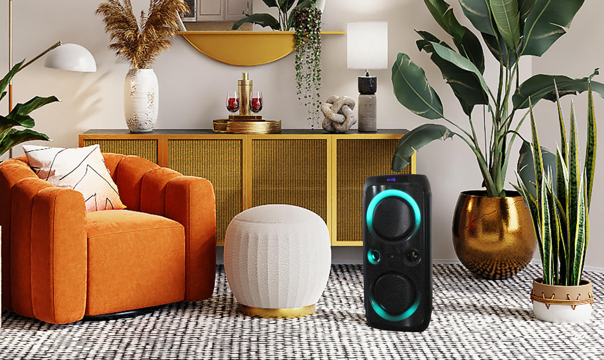 R-MUSIC - Roller Box - Altavoz High Power - 7h de autonomía, Luces y música en Ritmo - Karaoke y Guitarra - Puerto USB, AUX, Micro SD y función de Radio - Mango y Ruedas