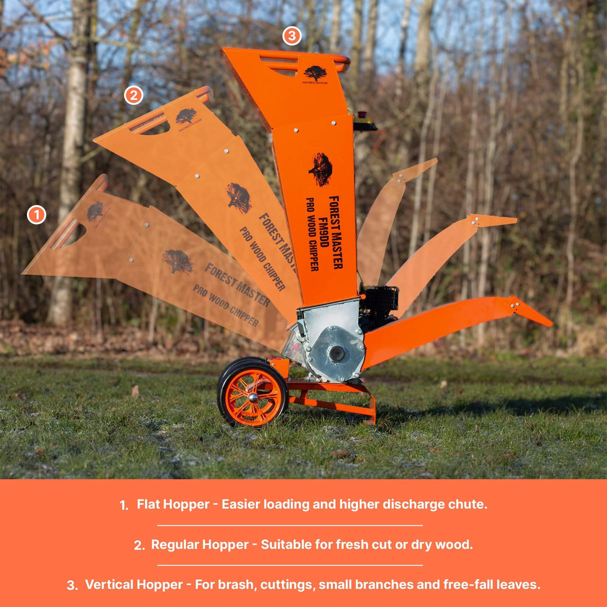 Forest Master FM9DD - Picadora de Madera Profesional – Potente Motor de Gasolina de 9 CV, Chip de hasta 75 mm de diámetro – Arranque eléctrico – Cuchillas Reversibles Dobles