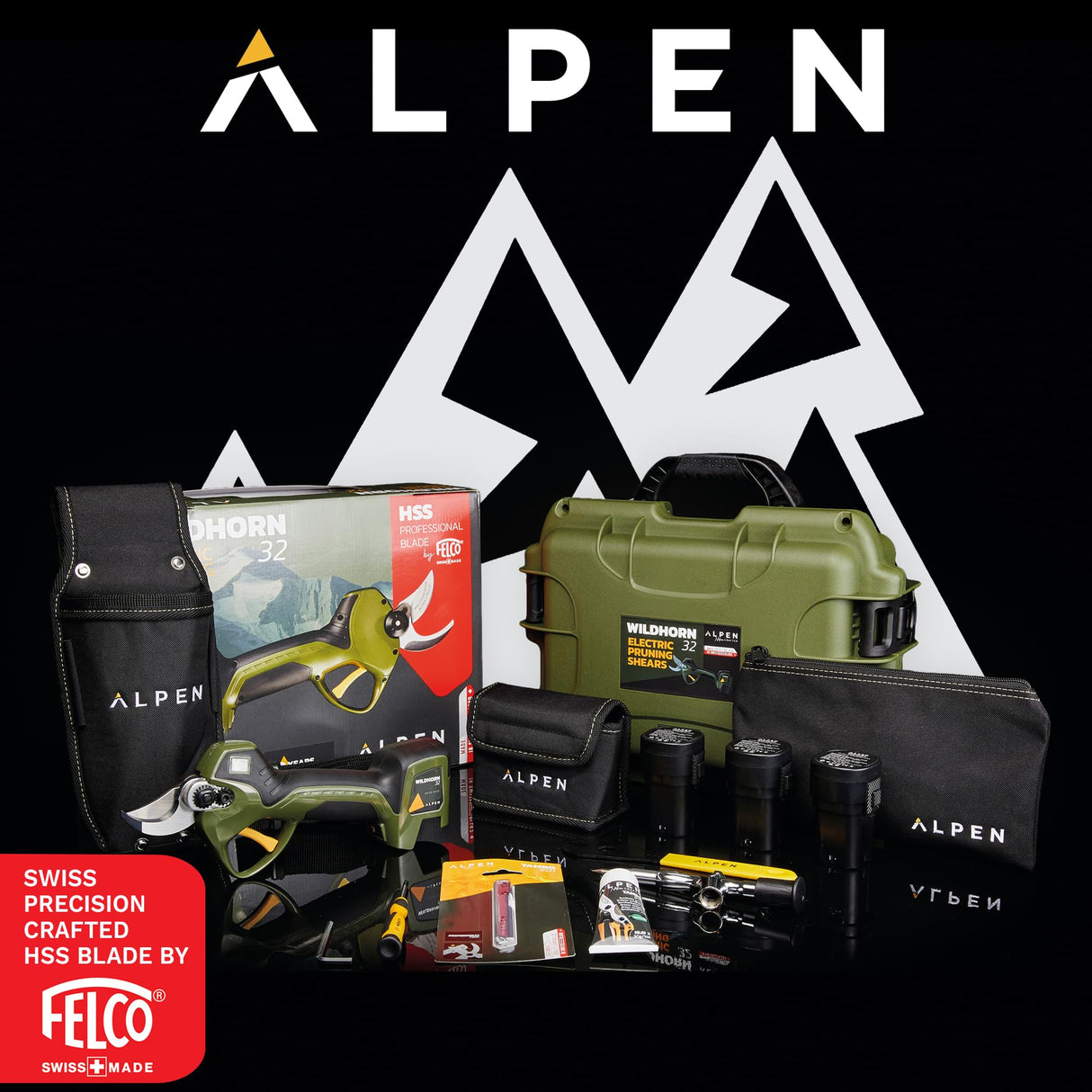 Alpen Wildhorn 32 - Kit de poda electrónica con batería de iones de litio inalámbrica, 12 horas de autonomía, 3 baterías, carga simultánea de 3 vías, cabezal de corte Felco fabricado en Suiza, estuche
