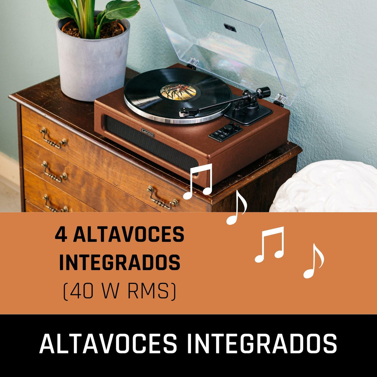 Lenco LS-430 giradiscos - giradiscos Bluetooth - altavoces integrados 40 vatios RMS - transmisión por correa - control de tono - preamplificador - salida RCA y entrada AUX - marrón, LS-430BN