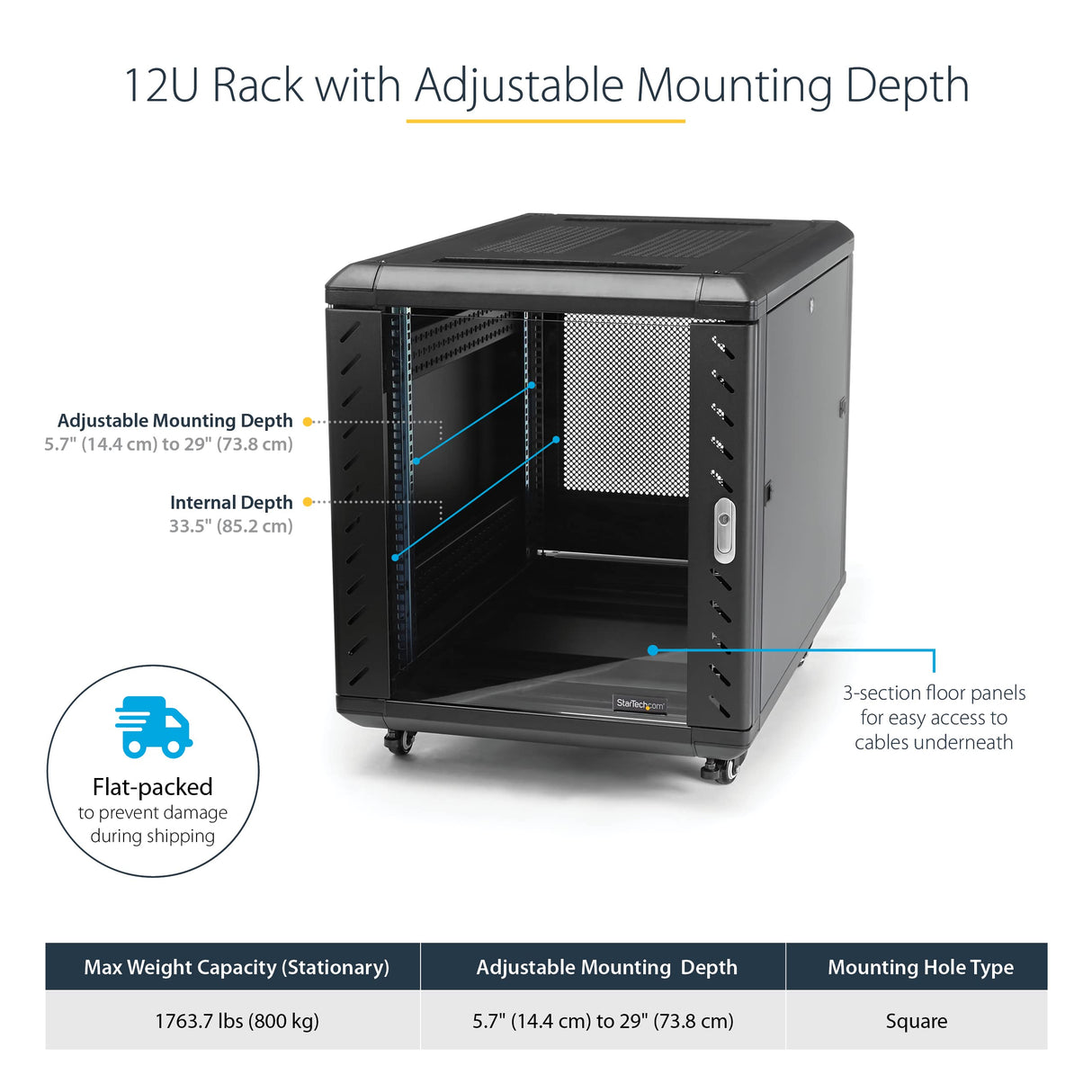 StarTech.com Armario Rack para Servidores 12U 19" 4 Columnas, Rack de Servidores con Carriles de Montaje Ajustables