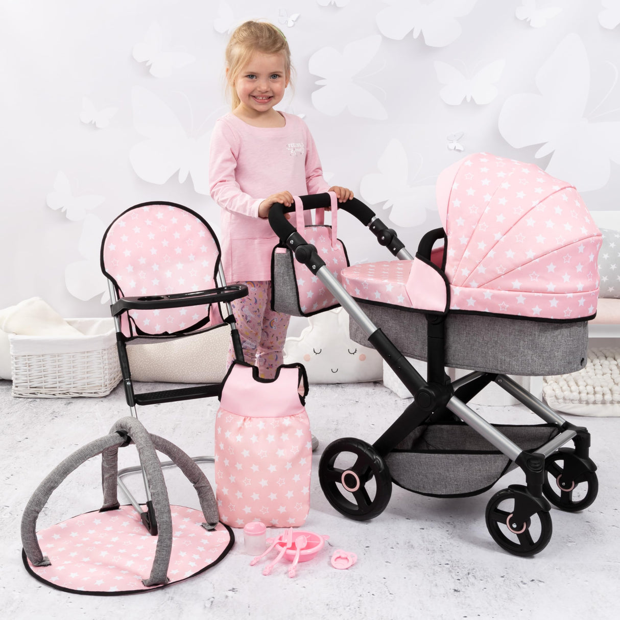 Bayer Design 17030AB Cochecito de muñeca XEO, Convertible, Regulable en Altura, Trona para muñeco bebé, Bolsa, Saco de Dormir, Gimnasio Actividades, Accesorios