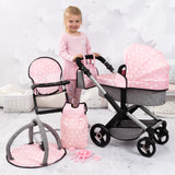 Bayer Design 17030AB Cochecito de muñeca XEO, Convertible, Regulable en Altura, Trona para muñeco bebé, Bolsa, Saco de Dormir, Gimnasio Actividades, Accesorios