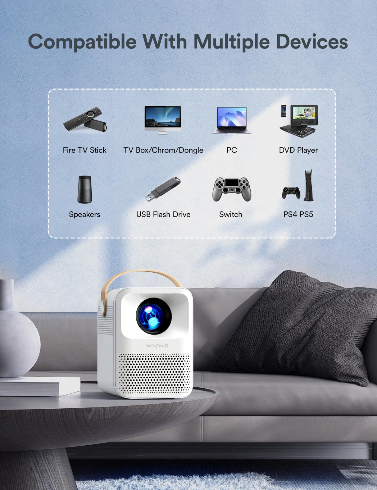 Proyector Portátil, WOLFANG Proyector 4K Soporte, Mini Proyector Portátil 5G WiFi Bluetooth, Full HD 1080P Nativo, 15000 Lúmenes, para Movil/Teléfono/PC/PS4/TV Stick/HDMI, Ideal para Niños como Regalo