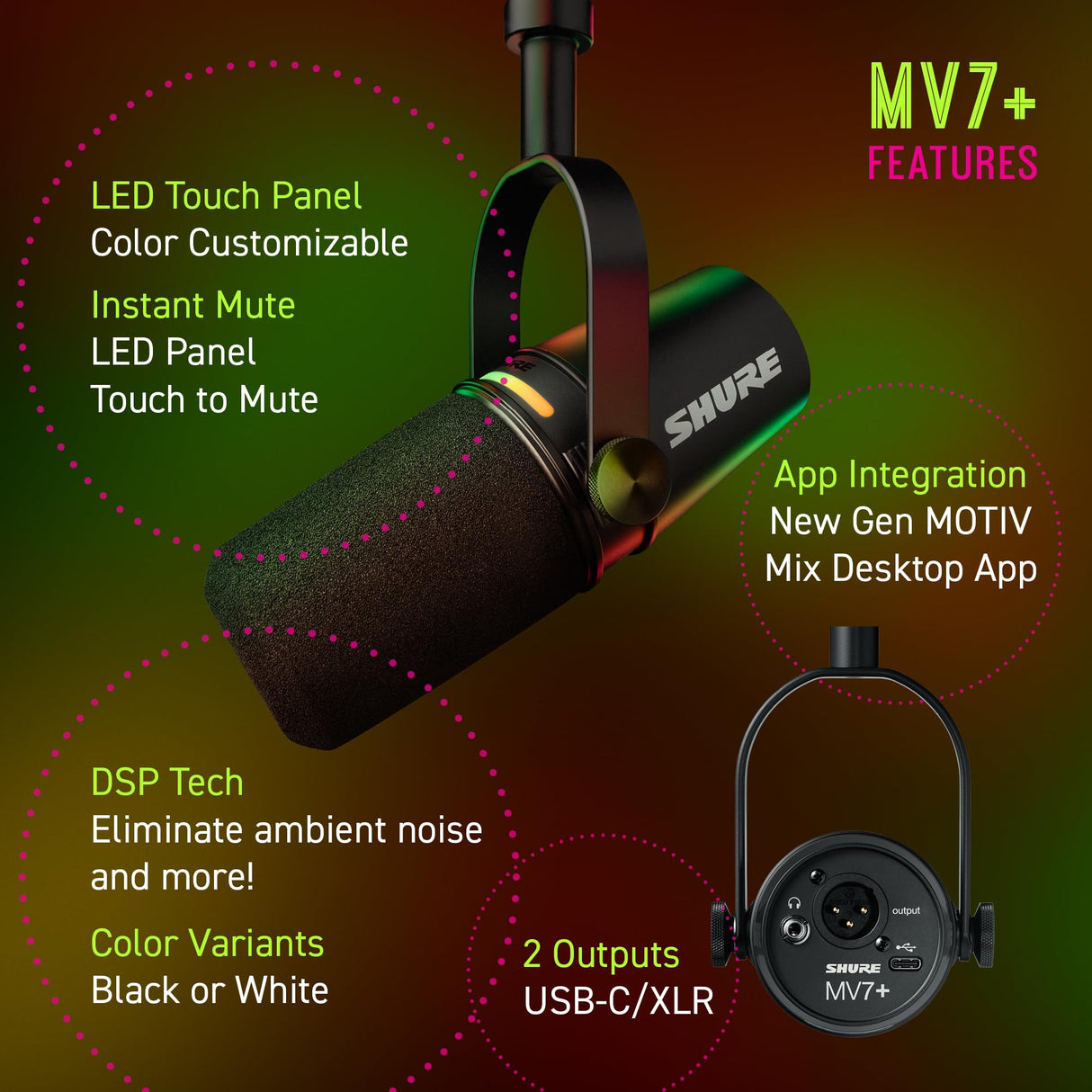 Shure MV7+ Podcast Mikrofon-Verbessertes Audio, LED-Touchpanel, USB-C- und XLR-Ausgänge, Auto-Level-Modus, digitaler Pop-Filter, Halleffekte, Podcasting, Streaming, Aufnahme - Schwarz