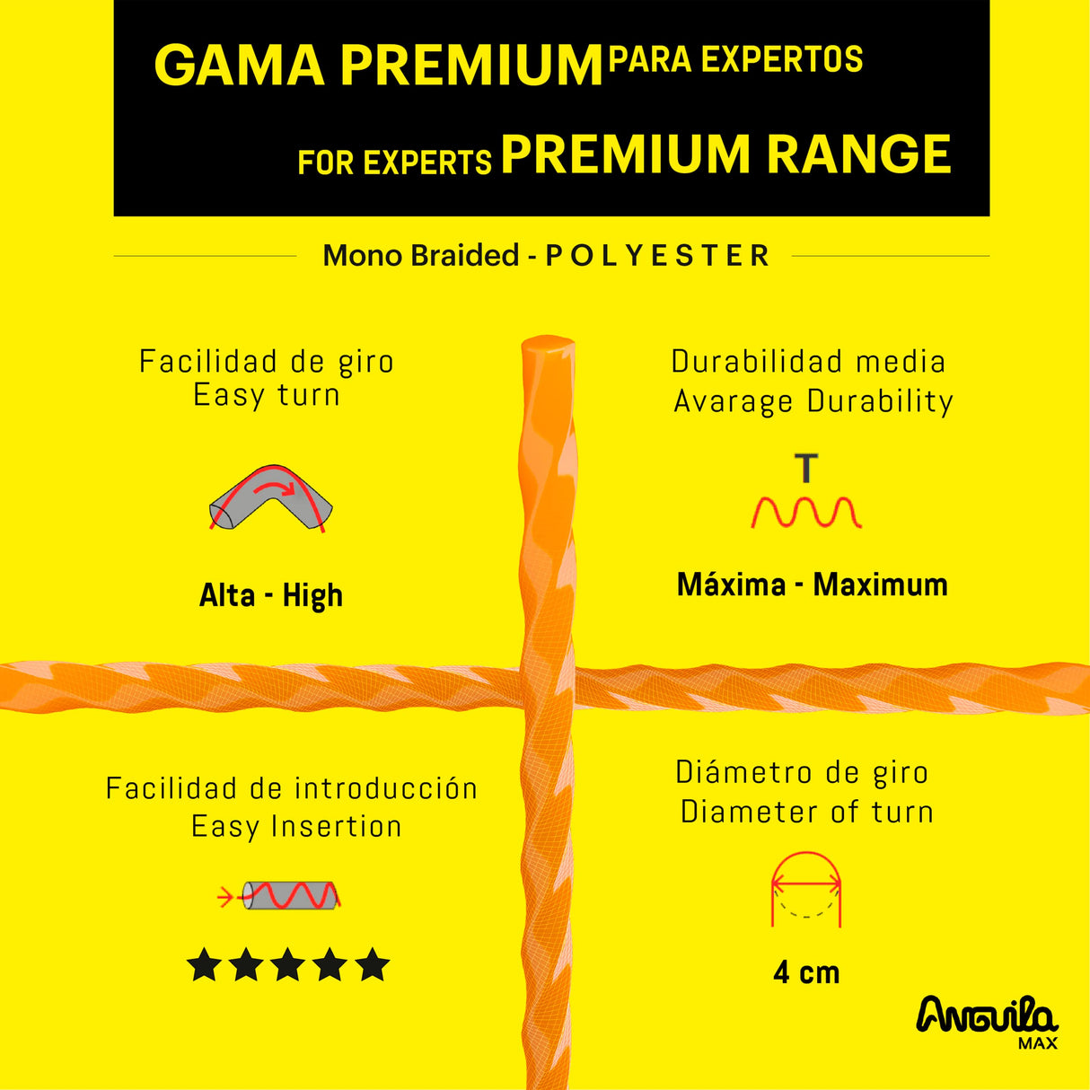 TITLE: Anguila Max | Guía Pasacables | Especial Rectas | Terminales Mixtos | Poliéster Trenzado | Color Naranja | Diámetro 4,5mm | 22 metros