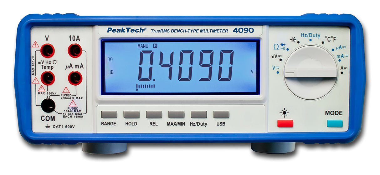 PeakTech 4090 – Multímetro de mesa digital RMS, pantalla LCD, 22000 cuentas, probador de continuidad, USB, software para PC, funcionamiento con batería, prueba de voltaje - EN 61010-1; CAT I 600 V