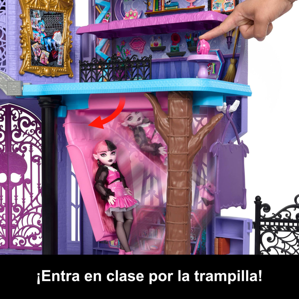 Monster High Casa de muñecas Haunted High School con 7 áreas de juego y muebles, +35 accesorios, 2 plantas y capacidad para 3 muñecas, juguete +4 años (HLP88), Violeta