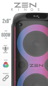 Altavoz portátil Bluetooth Zen Rings Potente de 600W, 7H de batería, luces LED RGB. Altavoz Grande con TWS, Aux in, USB, entrada de micrófono, y micrófono inalámbrico, con radio FM y con gran potencia