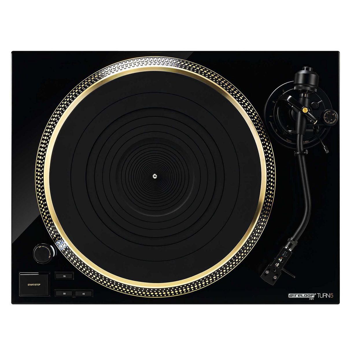 Reloop Turn 5 - Plataforma giratoria HiFi controlada por cuarzo con un potente accionamiento, Hi-Tech Ortofon 2M Red, negro-oro