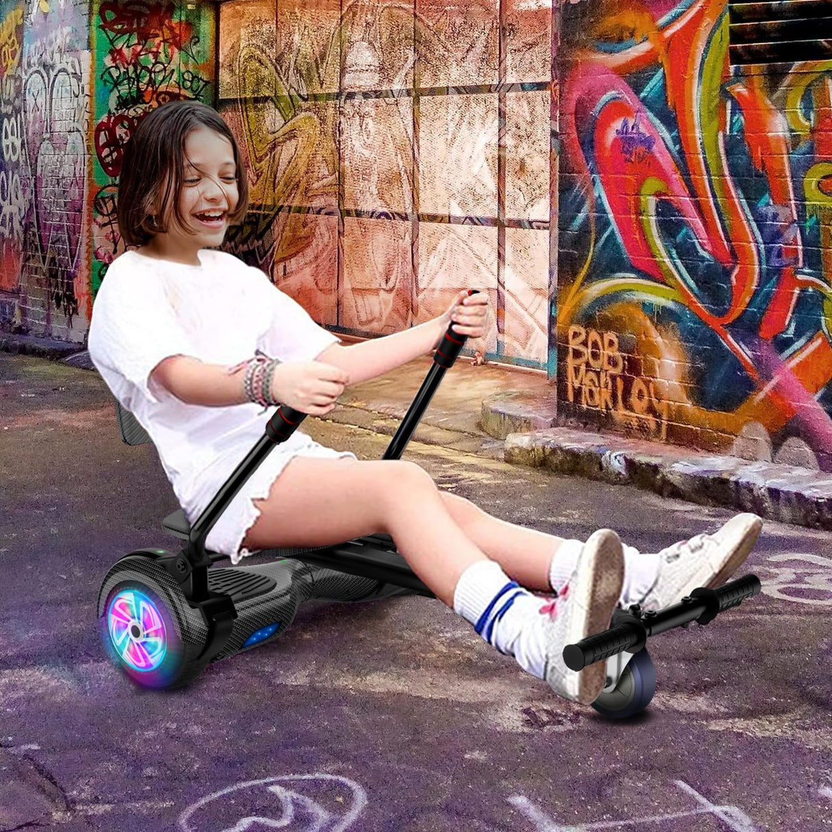 Hoverboard avec siège, Hoverboard à deux roues de 6,5 pouces avec haut-parleur Bluetooth et lumières colorées, scooter auto-équilibrant pour enfants (Go-Kart inclus)