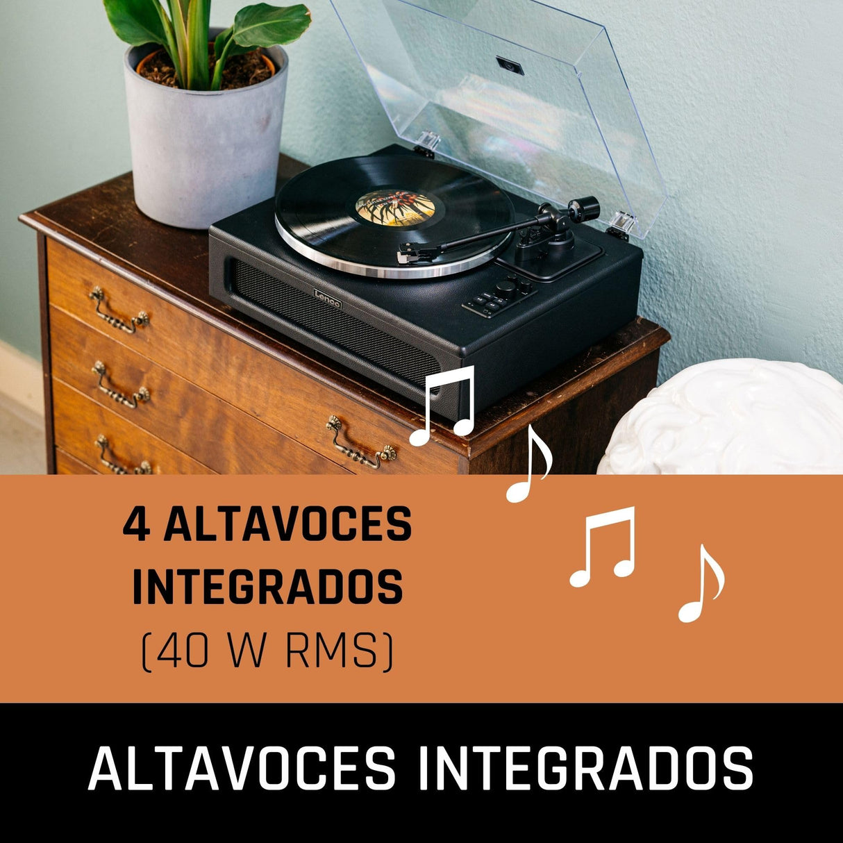 Lenco LS-430 -Tocadiscos Bluetooth - altavoces integrados 40 vatios RMS - transmisión por correa - control de tono - preamplificador - salida RCA y entrada AUX - 3,5 mm - negro