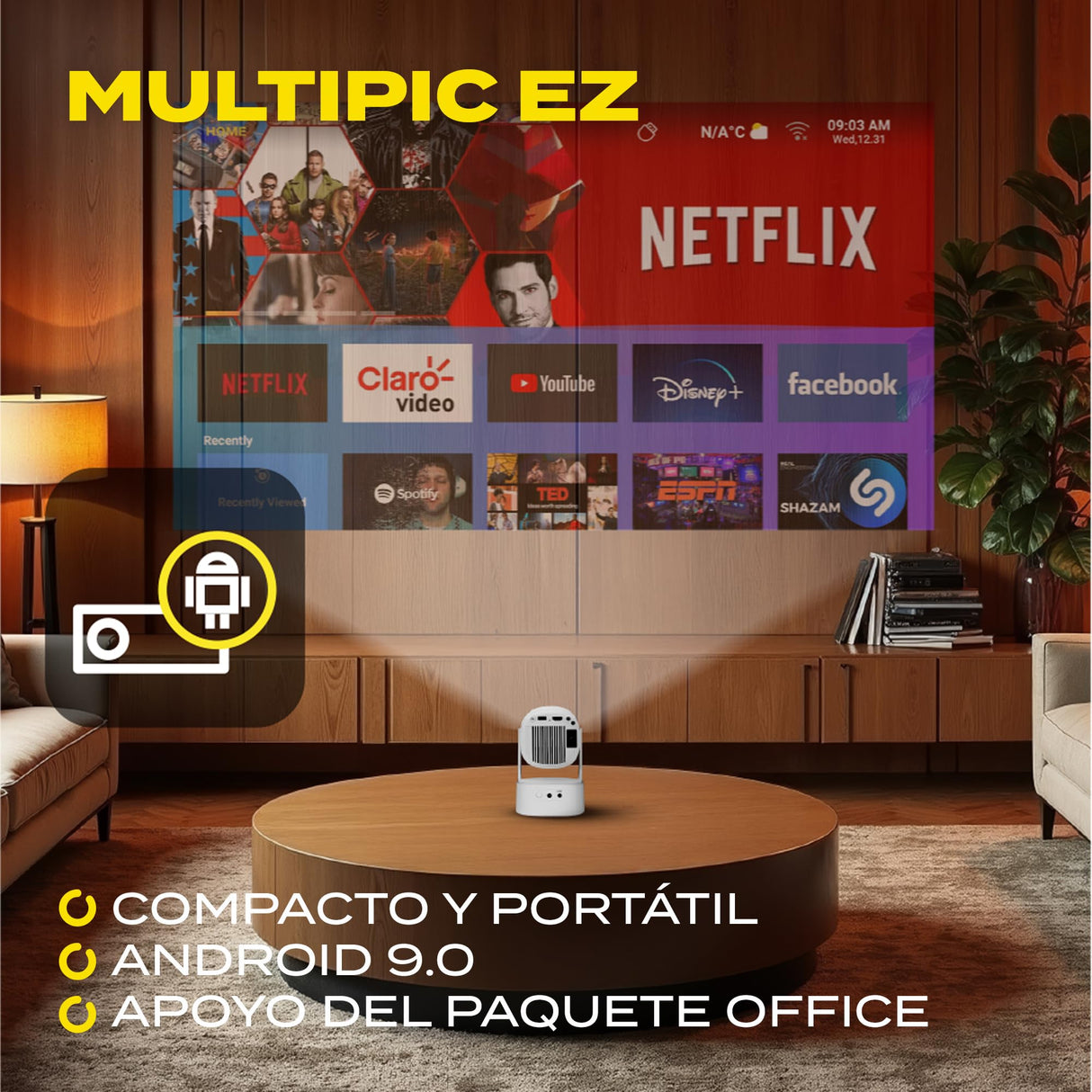 OVERMAX MULTIPIC EZ Mini Proyector 4K FullHD con Batería Integrada, Corrección Keystone, Imagen hasta 200", Wi-Fi Bluetooth 5.3, 2000 Lúmenes, Proyector de Estrellas, Mando a Distancia, Android 9.0