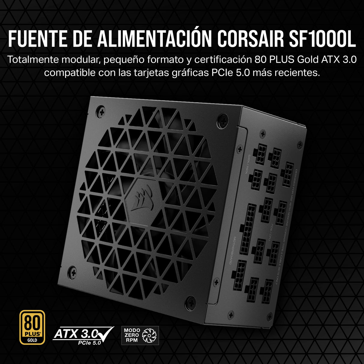 Corsair SF1000L Fuente de Alimentación SFX Totalmente Modular de Bajo Ruido - Compatible Con ATX 3.1 y PCIe 5.1 - Ventilador Silencioso PWM de 120 mm - Eficiencia 80 PLUS Gold - Modo RPM Cero - Negro