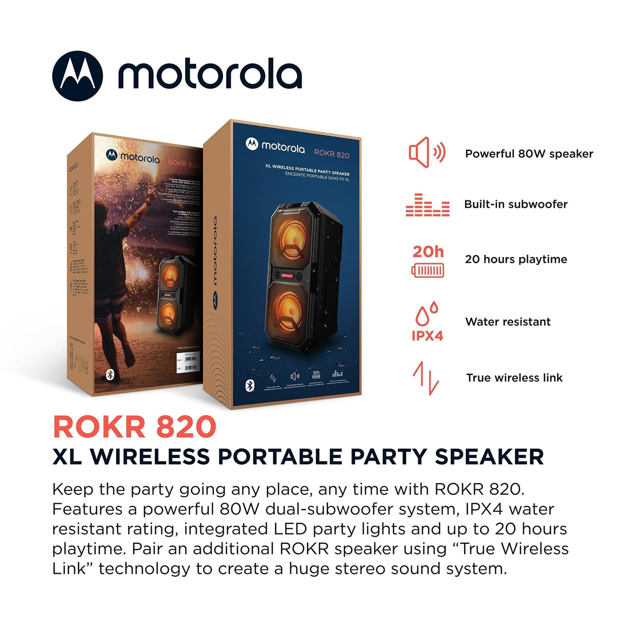 Motorola Sound ROKR820 - Altavoz Bluetooth - 80W - inalámbrico - con luces LED-tecnología true wireless - incluye micrófono de karaoke - hasta 20 horas de reproducción-múltiples entradas: AUX/USB/MIC