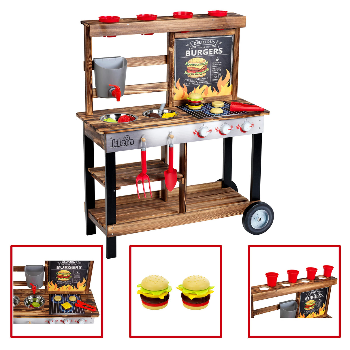 Theo Klein 2368 Beach Picnic, BBQ Country cocinita de Verano, Cocina de Madera con Parrilla y Plantas, con Accesorios, Juguete para niños Desde 3 años