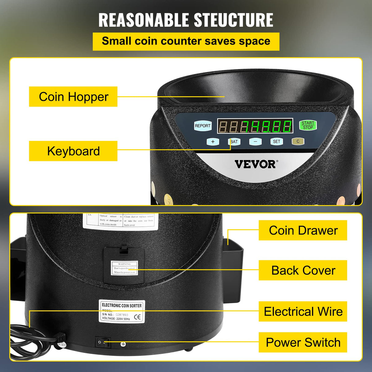VEVOR Contador de Monedas Euro Profesional 220 V, Clasificador de Monedas Pantalla LED de 7 Dígitos 170 Monedas por Minuto, Máquina de Conteo de Monedas con 8 Cajas de Recolección de Alta Precisión