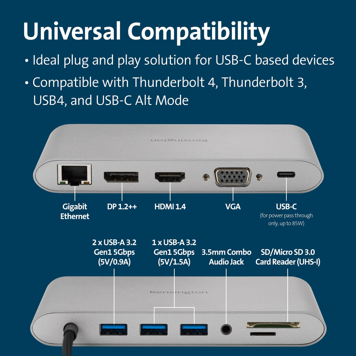 Kensington UH1440P 10 en 1, Base de Acoplamiento para Portátiles, 3 USB-A, 1 USB-C, 1 HDMI, 1 Jack de 3,5 mm, 1 Entrada VGA, 1 DP 1.2++, 1 Lector SD 3.0 y 1 Puerto Gigabit Ethernet (K33853WW)
