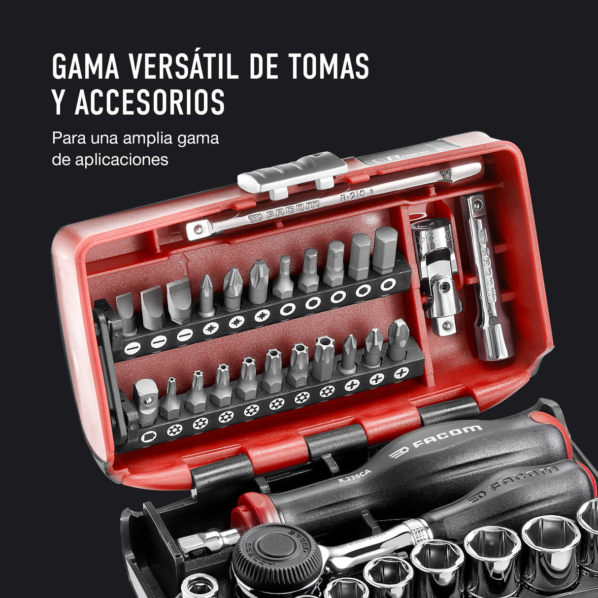 FACOM Juego de Vasos 1/4" y Puntas de Atornillado, 38 Piezas, Compacto y Performante, Incluye Cliquet Rotativo 360°, Pozidriv, Phillips y Resistox, R.360NANOPB