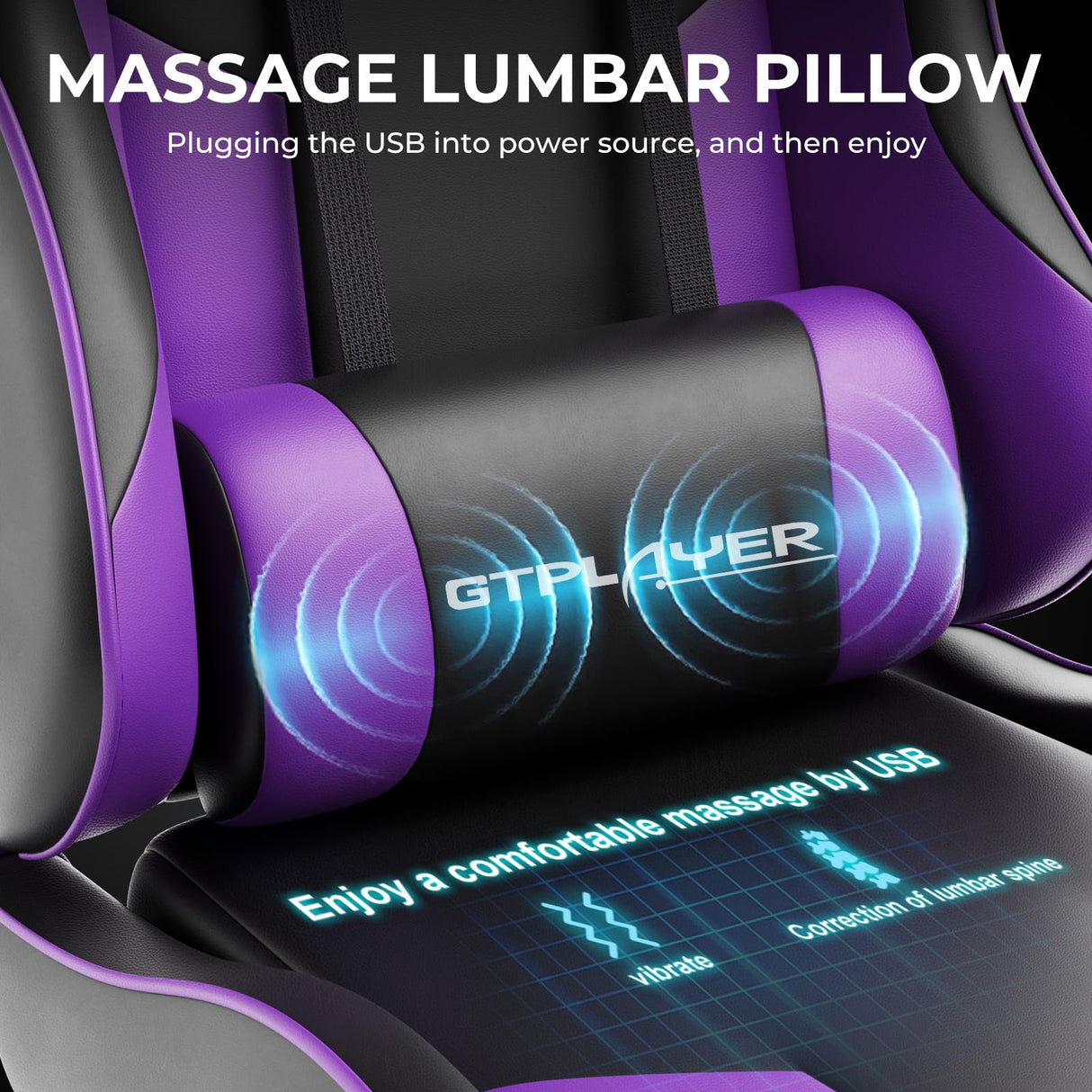 GTPLAYER Silla Gaming con Masajeador Ergonómica Silla Gamer con Reposapiés Reposacabeza, Silla de Oficina Ergonómica, Soporte Lumbar, Silla Juego Ajustable en Altura, Púrpura