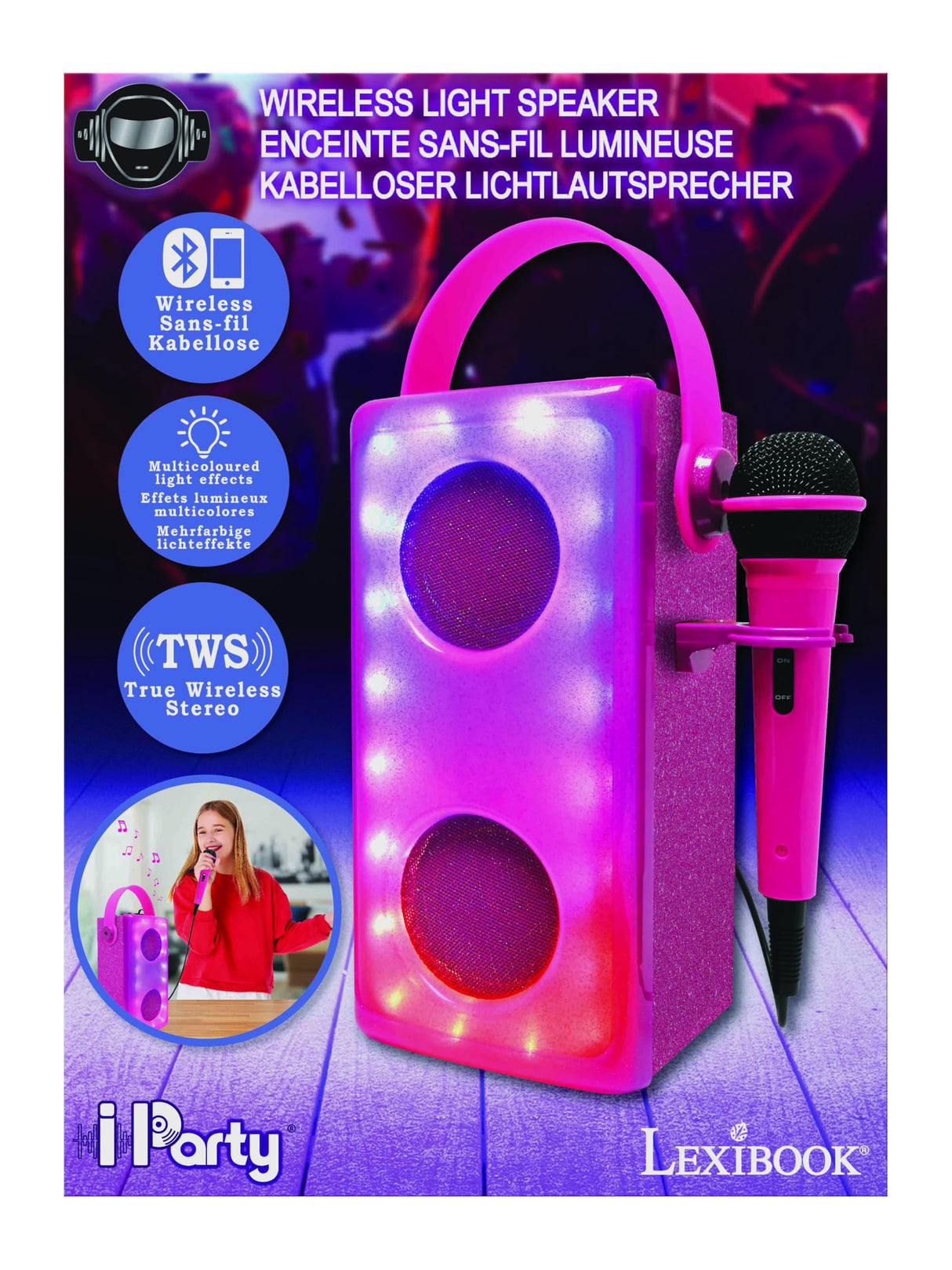 LEXIBOOK, iParty, Altavoz Bluetooth® inalámbrico con luz y micrófono, Efectos de luz Multicolor, Puerto para Tarjeta SD/TF, Batería Recargable, Rosa, BTP185PKZ