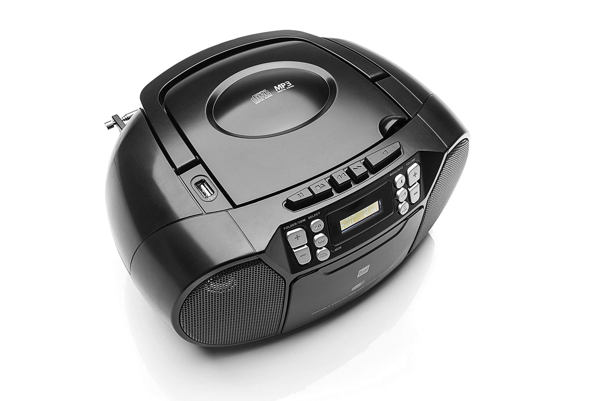 Dual, 75961,DAB-P AA8210 - Radio de casete con CD - DAB(+)/FM - Boombox - Reproductor de CD - Altavoz estéreo - Puerto USB - Entrada auxiliar - Funcionamiento con alimentación/batería - Portátil Negro