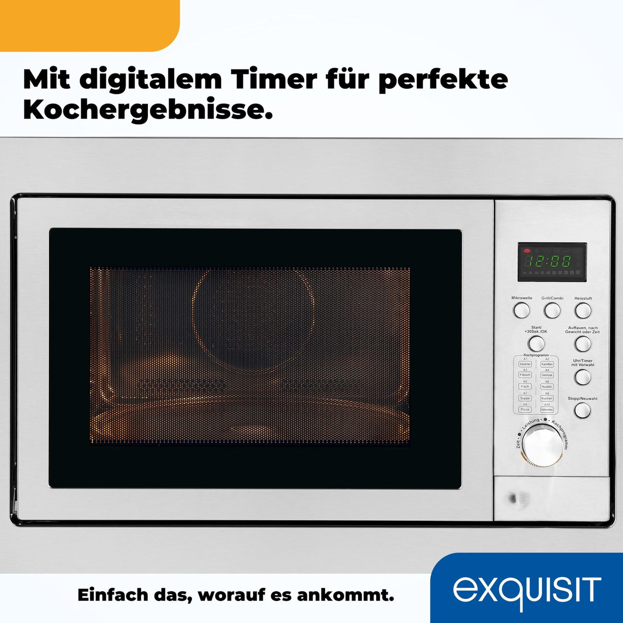 Exquisit® Microondas Combi de Encastre con Marco, 25L, 900W, Grill 1100W, 10 Niveles de Potencia en Función Convección, Acabado Acero Inox, Display Digital, Plato 31,5Cm, Medidas 38,2x59,5x1,9 Cm.