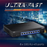TRENDnet Interruptor de 8 Puertos 10G, 8 Puertos RJ-45 de 10 G, Capacidad de conmutación de 160 Gbps, Montaje en Rack de 10 Conexiones de Red Gigabit, protección de por Vida, Negro, TEG-S708