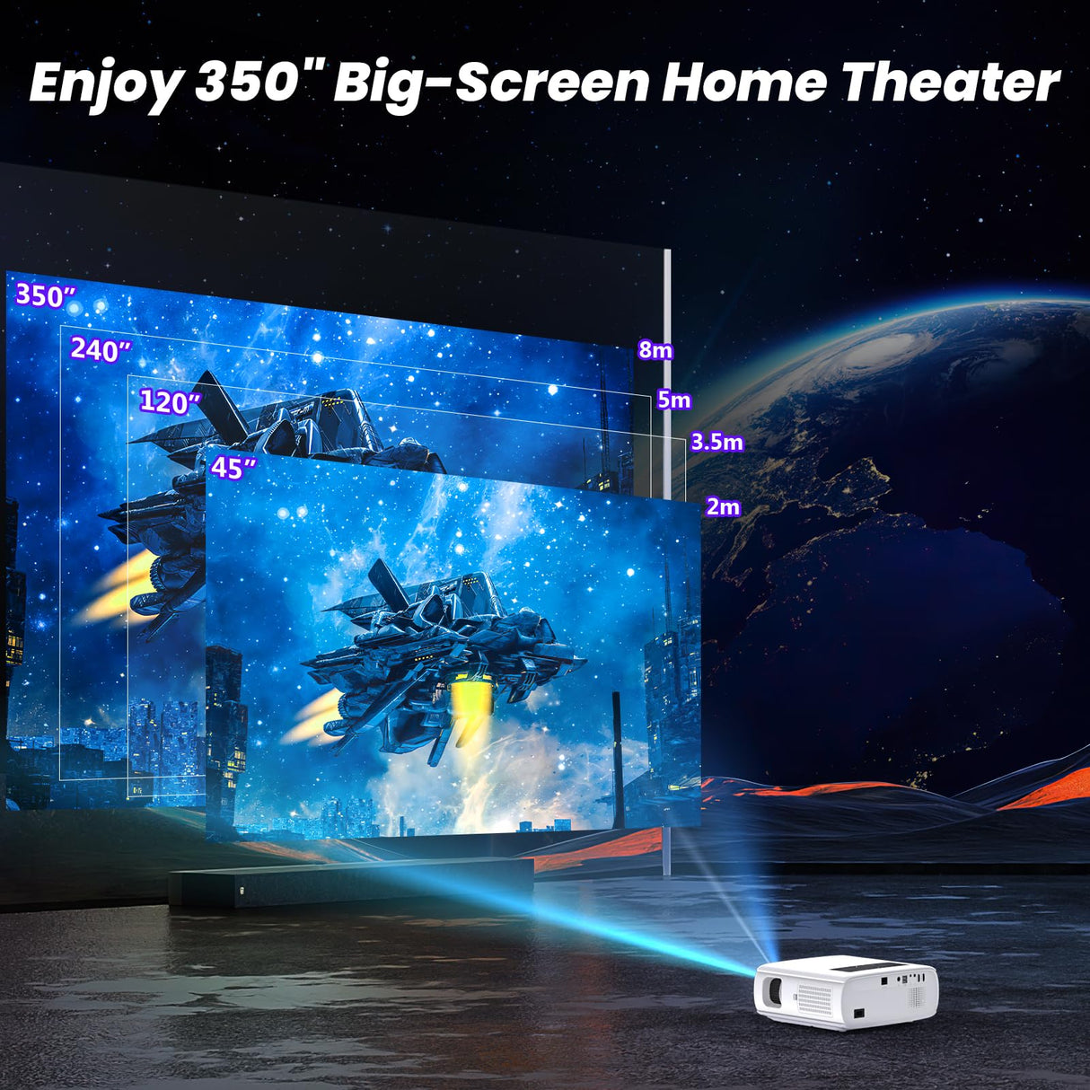 HOPVISION Proyector, 15000 Lux Nativo 1080P Full HD Home Cinema Video Proyector 4K with Bluetooth WLAN Pantalla de 350'' Compatible con TV Stick, HDMI, USB, X-Box, iOS/Android