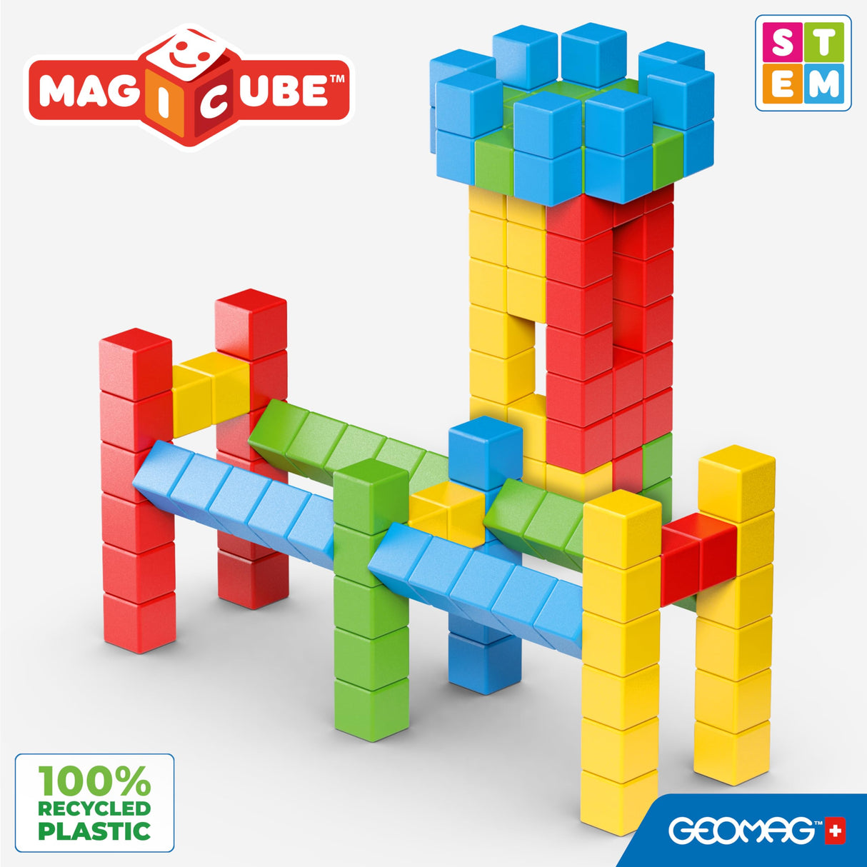 Geomag Magicube Full Color, Bloques de Construcción Magnéticos para Niños a Partir de 1 Año – Juego de 64 Bloques de 4 Colores Hechos de Plástico 100% Reciclado