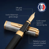 Pluma estilográfica Waterman Exception, en metal y lacado negro con adorno dorado, capuchón cincelado, plumín fino de oro de 18 quilates