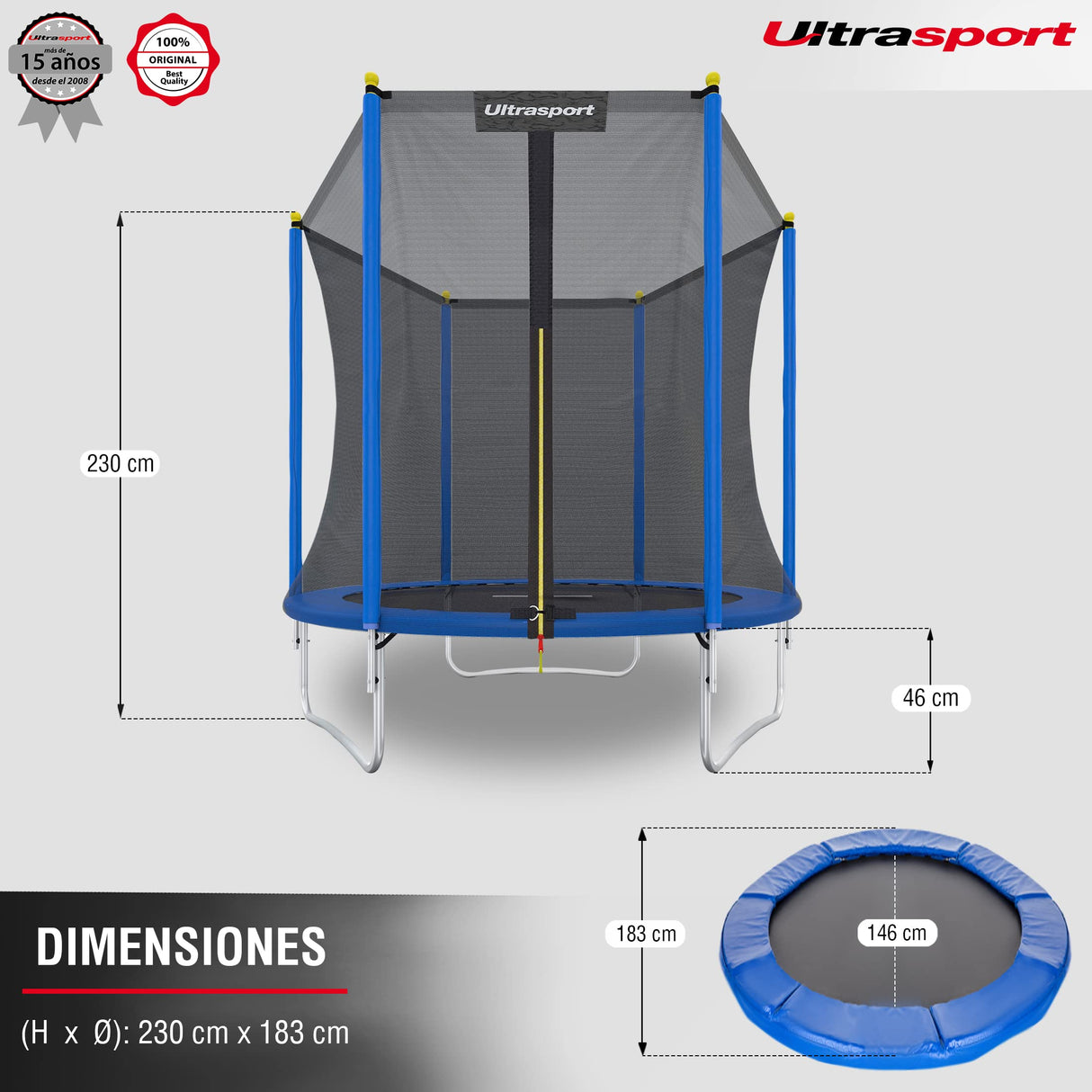 Ultrasport Jumper Cama Elastica Niños Exterior 183 cm hasta 80 kg con Red de Seguridad, Acolchado I Camas Elasticas, Trampolin, Colchoneta Elastica, Trampolines para Niños