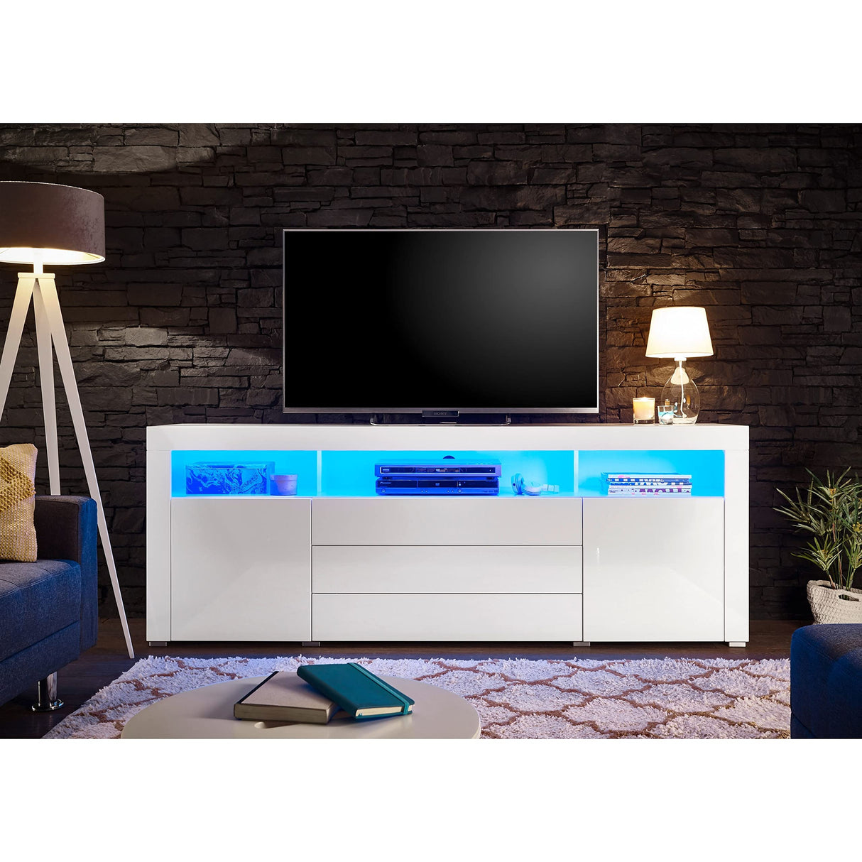 Stella Trading Mueble bajo Goal, Blanco Brillante con iluminación LED Azul, Armario Espacio de Almacenamiento para su salón, Material de Madera, TV-Lowboard 200 cm