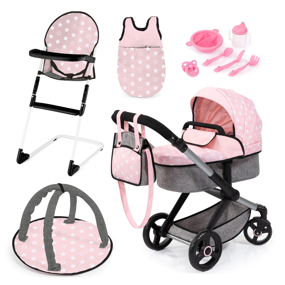 Bayer Design 17030AB Cochecito de muñeca XEO, Convertible, Regulable en Altura, Trona para muñeco bebé, Bolsa, Saco de Dormir, Gimnasio Actividades, Accesorios